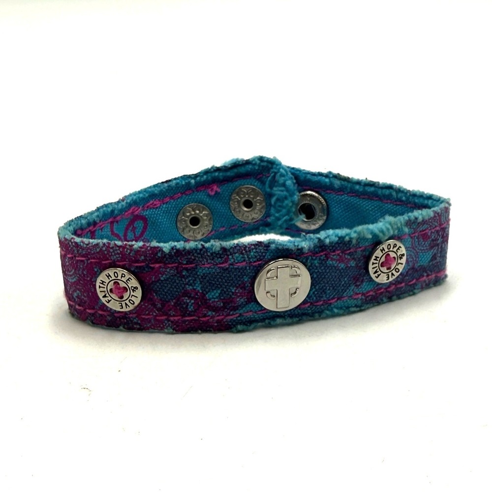 Kerusso Faith Hope & Love Teal Purple Paisley Fabric Snap Cuff Bracelet Cross